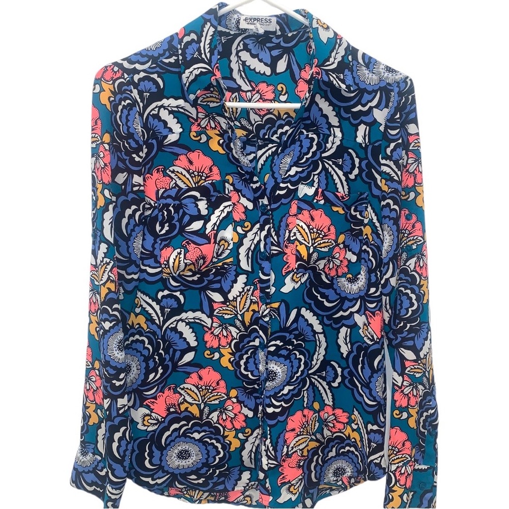 Express Portofino Blue Floral Slim Fit Button Down Collared